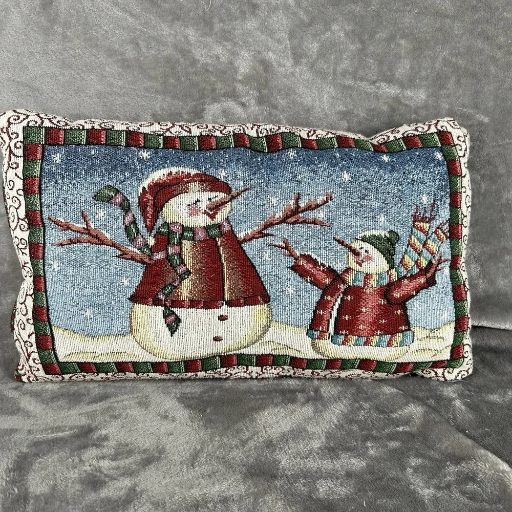 Vintage Christmas Tapestry Pillow Double Sided Santa Snowmen Holiday Home Decor